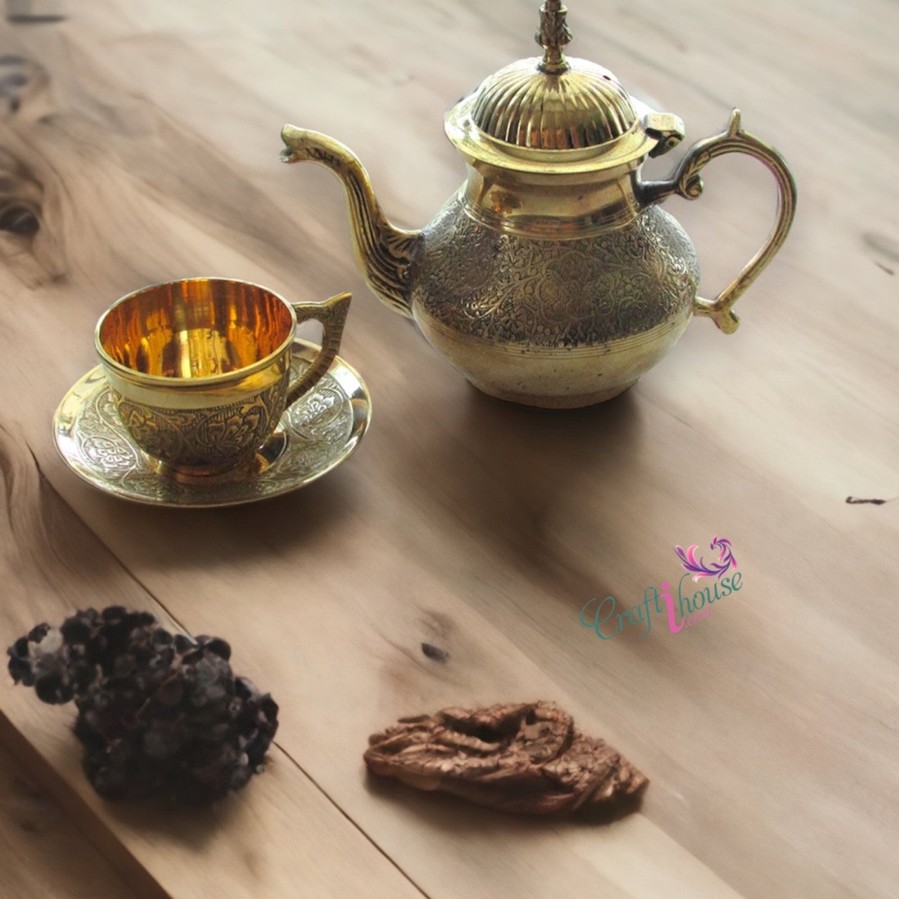 handmade brass tea set , Set of tea pot and brass cup and saucer