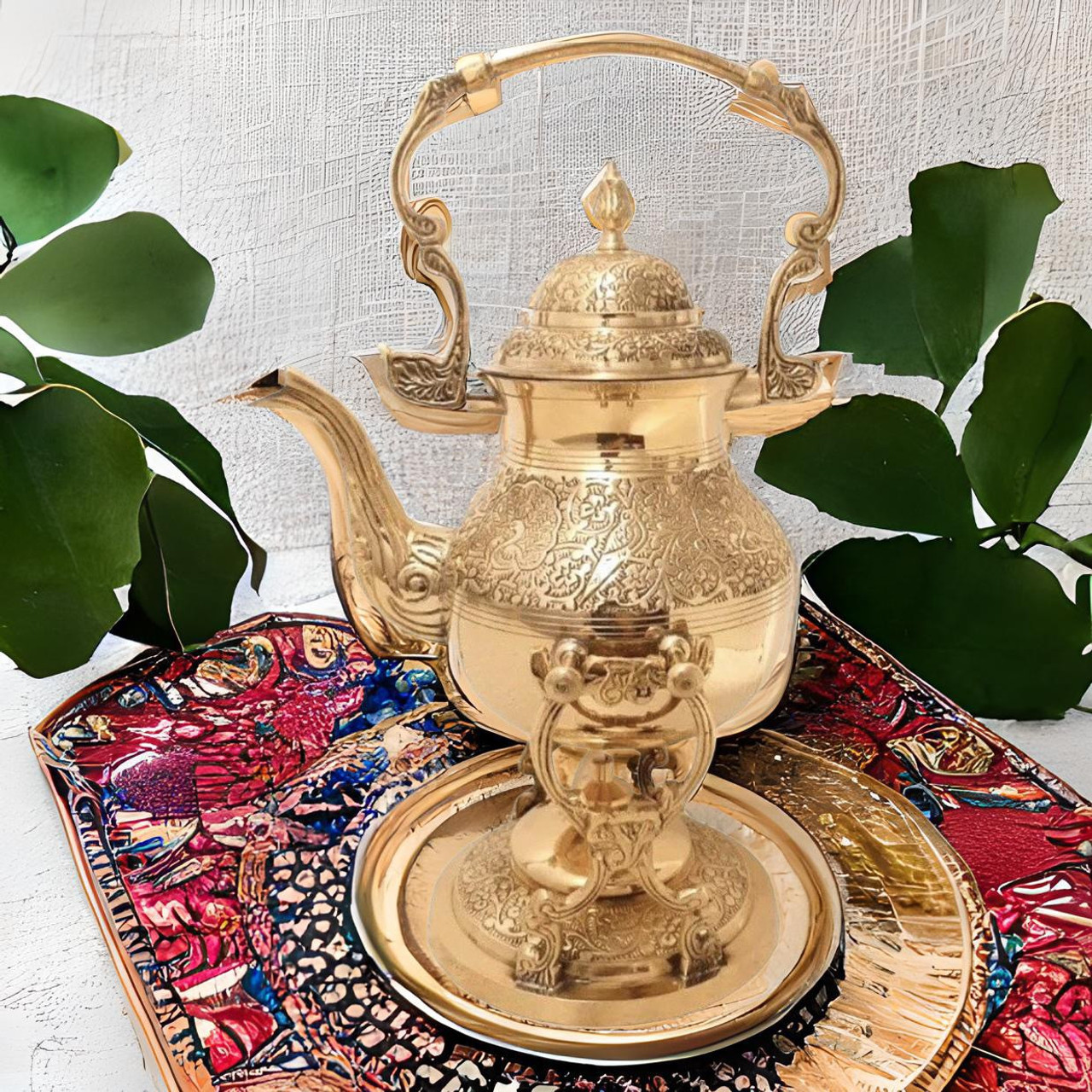 etched brass tea kettle, vintage Indian brass teapot handmade in India