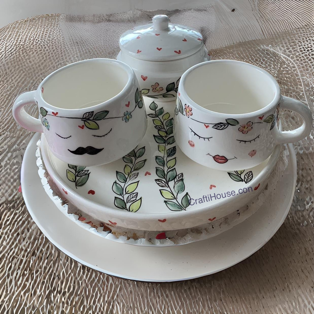 Hand Painted Ceramic Tea Serving Set Tray, Bowl, Cup