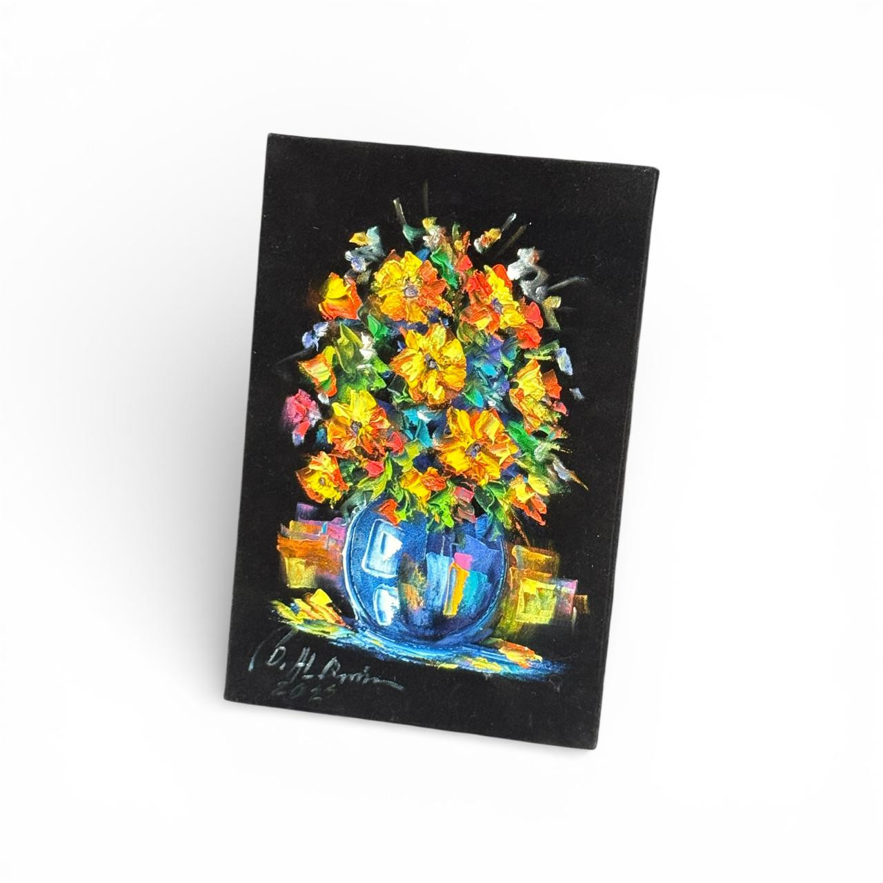 3D Floral Oil Painting on Black Velvet - 30x20 cm | Craftihouse