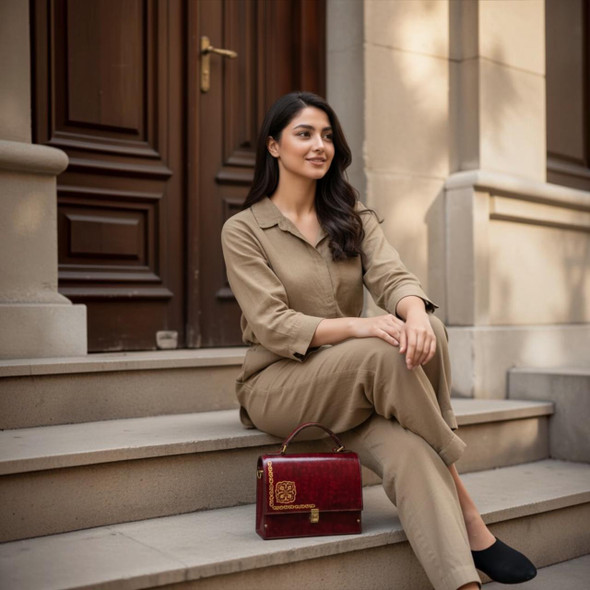 A deep red genuine cow leather structured handbag featuring an ornate gold scroll pattern and a secure clasp on a neutral surface.