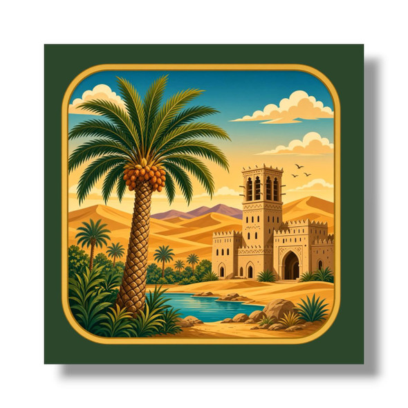 A vibrant 8x8 cm square aluminium fridge magnet featuring an oasis illustration of a date palm tree laden with dates, a traditional windtower fort, and a desert landscape.