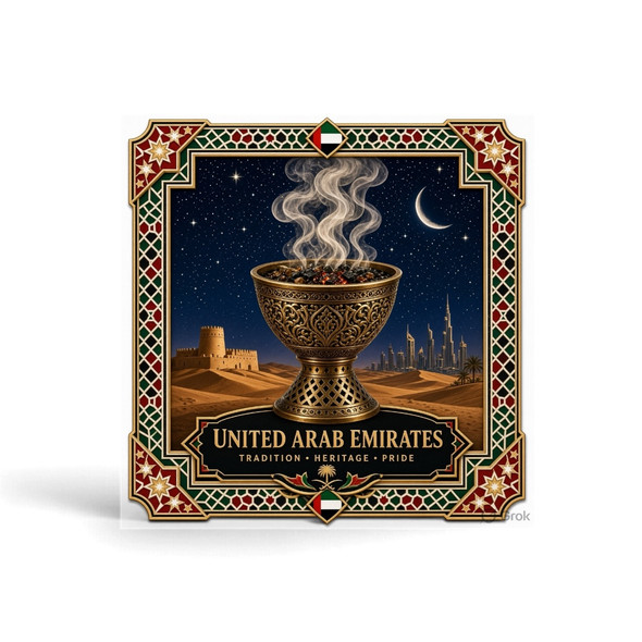 A vibrant 8x8 cm square printed aluminium fridge magnet featuring a traditional Arabic incense burner (Mabkhara) with rising smoke against a starry night desert and skyline background.