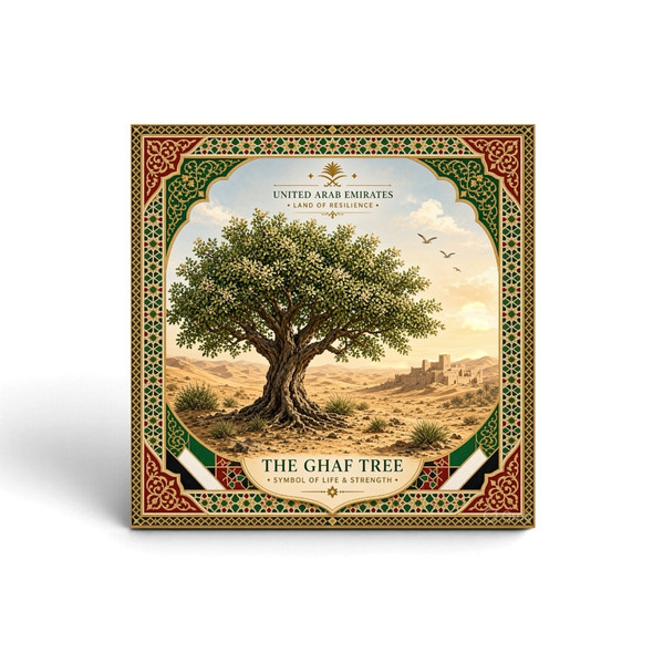 A vibrant 8x8 cm square printed aluminium fridge magnet featuring the national Ghaf tree, desert dunes, and a historic fort.