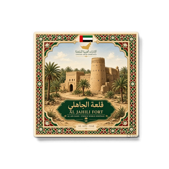 A vibrant 8x8 cm square printed aluminium fridge magnet featuring the historic Al Jahili Fort in Al Ain, palm trees, and oasis landscape.