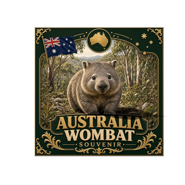 A vibrant 8x8 cm square printed aluminium fridge magnet featuring an adorable wombat in a eucalyptus forest, the Australian flag, and the national map.