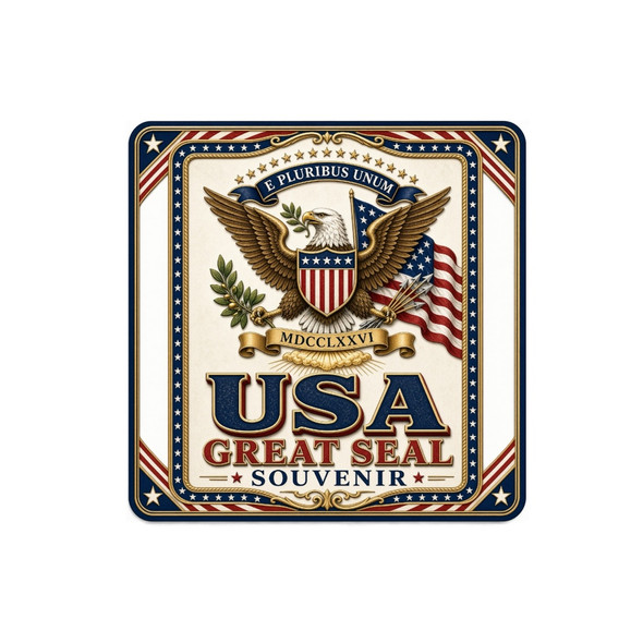 A vibrant 8x8 cm square printed aluminium fridge magnet featuring the Great Seal of the United States, American eagle, flag, and golden typography.