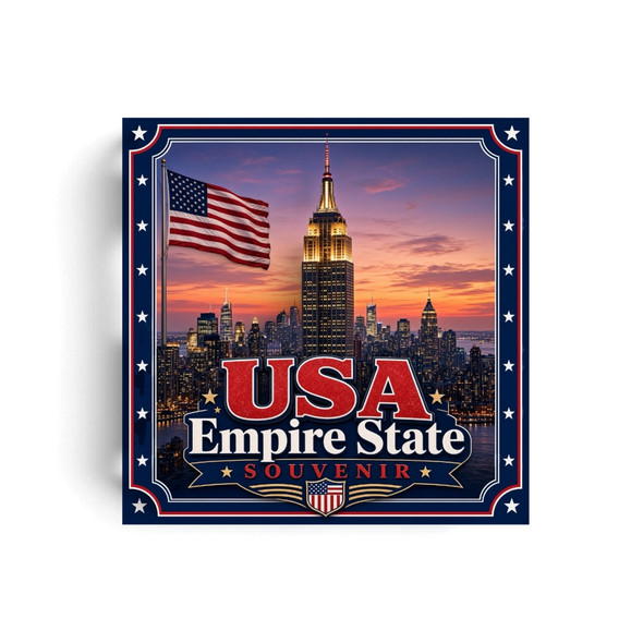 A vibrant 8x8 cm square printed aluminium fridge magnet featuring the Empire State Building at sunset, the US flag, and patriotic typography.
