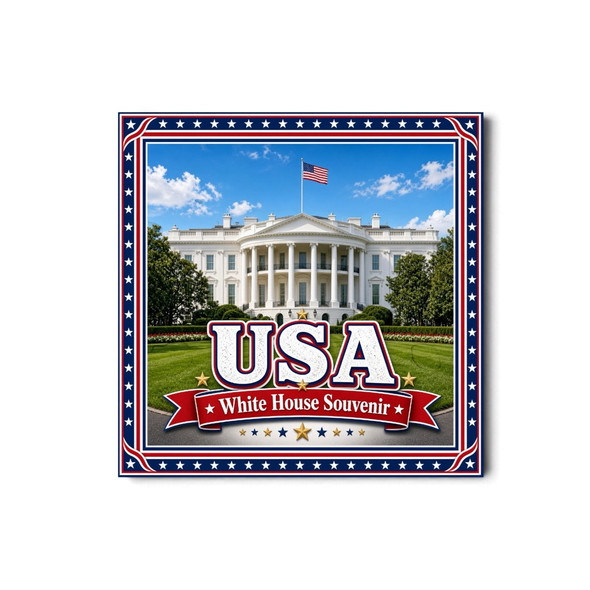 A vibrant 8x8 cm square printed aluminium fridge magnet featuring the White House, US flag, and patriotic typography.
