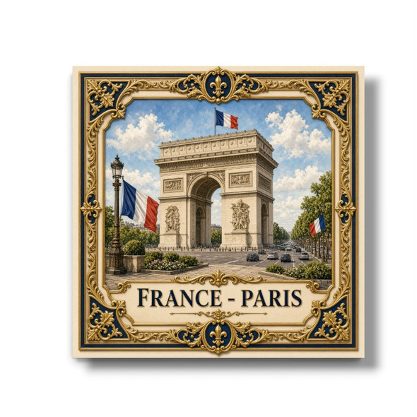 A vibrant 8x8 cm aluminum fridge magnet featuring a detailed printed illustration of the Arc de Triomphe in Paris, France, decorated with French flags and an ornate gold and blue frame with the text "FRANCE - PARIS".