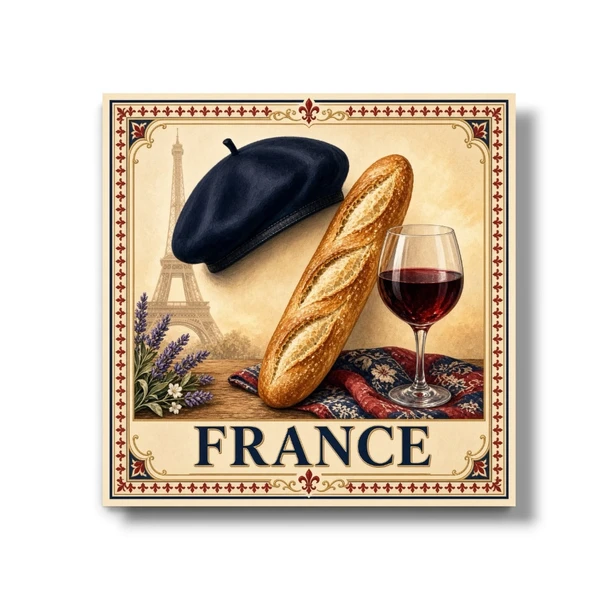 A vibrant 8x8 cm aluminum fridge magnet featuring a detailed printed illustration of iconic French cultural symbols including a baguette, a beret, a glass of red wine, lavender, and the Eiffel Tower, with an ornate border and the text "FRANCE".