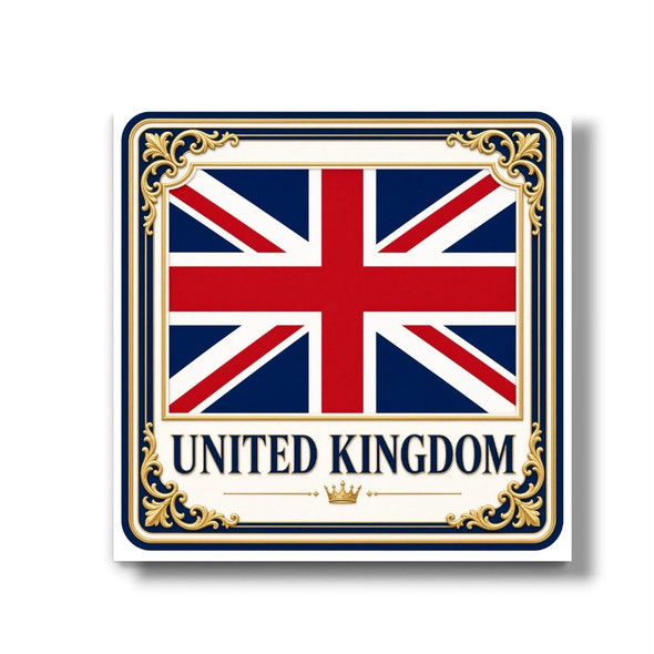 A vibrant 8x8 cm aluminum fridge magnet featuring a detailed printed illustration of the United Kingdom Union Jack flag, set against an off-white background with ornate gold corner filigree and the text "UNITED KINGDOM".