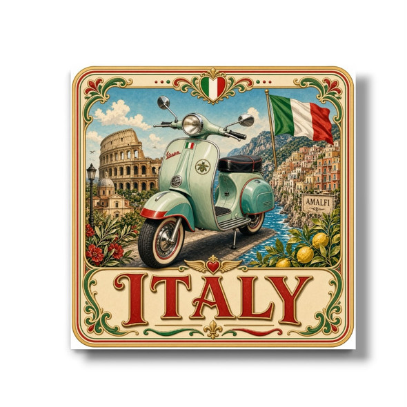 A vibrant 8x8 cm aluminum fridge magnet featuring a detailed printed illustration of a mint green scooter, the Colosseum, the Amalfi coast, the Italian flag, lemons, and an ornate red and gold frame with the text "ITALY".