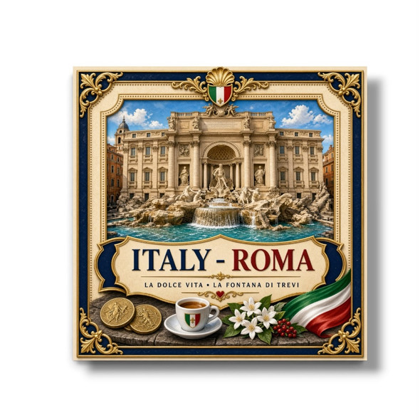 A vibrant 8x8 cm aluminum fridge magnet featuring a detailed printed illustration of the Trevi Fountain in Rome, Italy, along with coins, an espresso cup, white flowers, the Italian flag, and an ornate blue and gold frame with the text "ITALY - ROMA" and "LA DOLCE VITA - LA FONTANA DI TREVI".