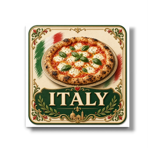 A vibrant 8x8 cm aluminum fridge magnet featuring a detailed printed illustration of a Neapolitan pizza Margherita with basil leaves, Italian flag brushstrokes, and an ornate green and gold frame with the text "ITALY".
