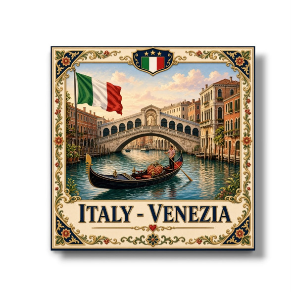 A detailed close-up highlighting the sleek metallic finish, vibrant printed colors, and fine Venice Rialto Bridge artwork of the aluminum fridge magnet.