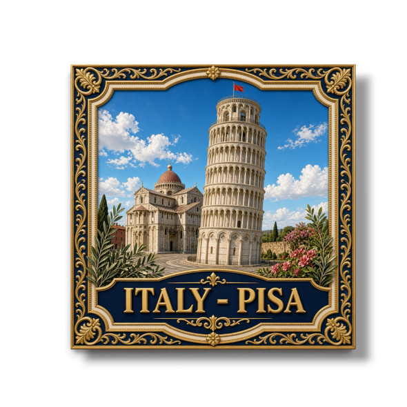 A vibrant 8x8 cm aluminum fridge magnet featuring a detailed printed illustration of the Leaning Tower of Pisa and cathedral in Italy, framed by an ornate blue and gold border with the text "ITALY - PISA".