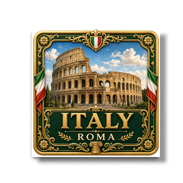 A vibrant 8x8 cm aluminum fridge magnet featuring a detailed printed illustration of the Colosseum in Rome, Italy, flanked by Italian flags and an ornate green and gold frame with the text "ITALY - ROMA".