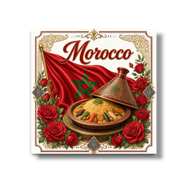 A vibrant 7x7 cm aluminum fridge magnet featuring a detailed printed illustration of a traditional Moroccan tagine with couscous, the Moroccan flag, and red roses, framed by an ornate red and gold border with the text "Morocco".