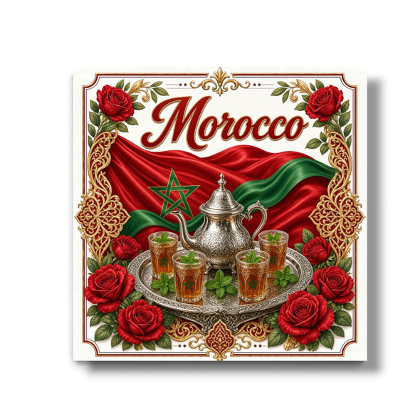 A vibrant 7x7 cm aluminum fridge magnet featuring a detailed printed illustration of a traditional Moroccan tea set with a silver teapot and mint tea glasses, the Moroccan flag, and red roses, framed by an ornate red and gold border with the text "Morocco".