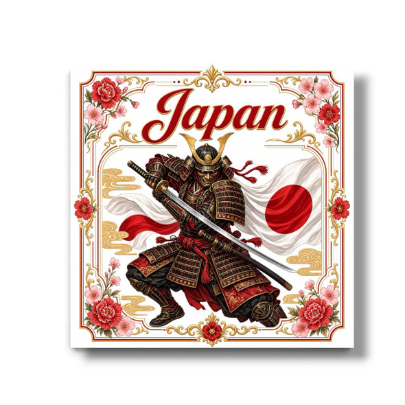 A vibrant 7x7 cm aluminum fridge magnet featuring a detailed printed illustration of a Japanese samurai warrior drawing a katana before the national flag and cherry blossoms, framed by an ornate red and gold border with the text "Japan".