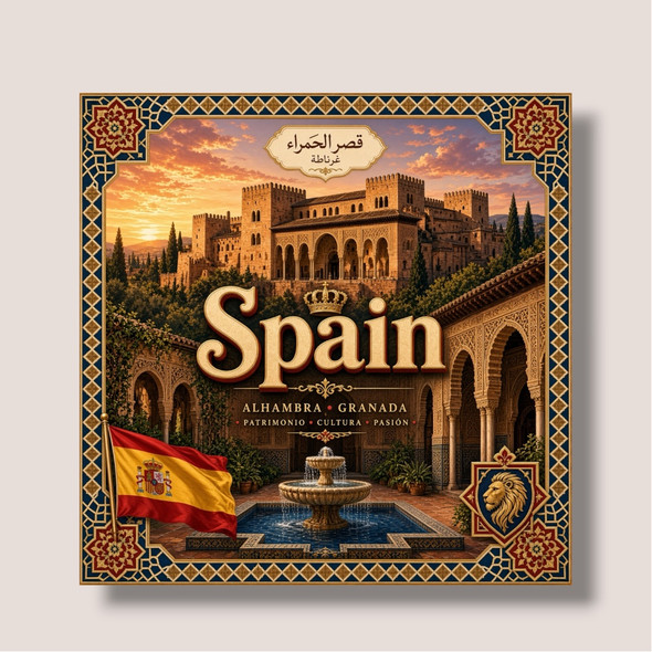 vibrant 7x7 cm aluminum fridge magnet featuring the majestic Alhambra in Granada, Spain, alongside the national flag and an ornate Arabic calligraphy title, framed by a decorative blue and gold border with the text "SPAIN".