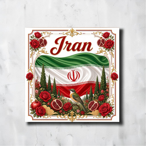 7x7 cm aluminum fridge magnet featuring a traditional Iranian national scenery with the flag, Persian roses, pomegranates, cypress trees, and a nightingale, framed by an ornate red and gold border with the text "Iran".