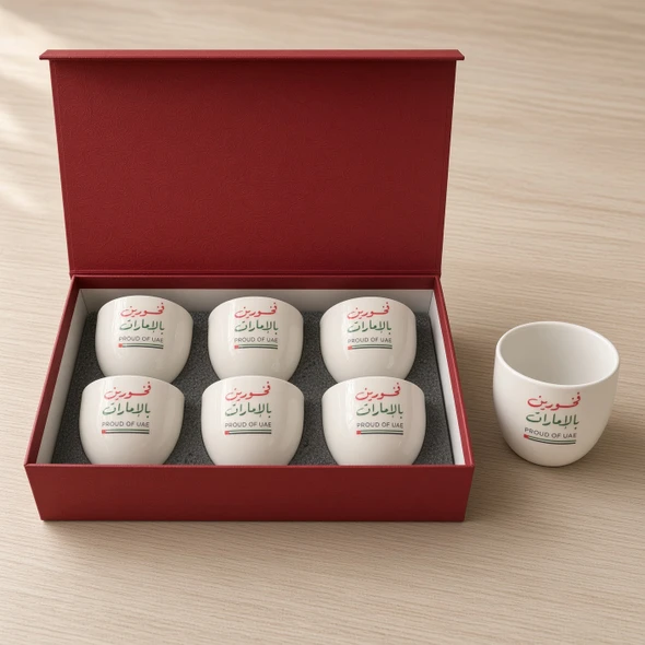 A detailed close-up highlighting the crisp Arabic calligraphy, national flag motif, and smooth white porcelain finish of an individual Proud of UAE Arabic coffee cup.