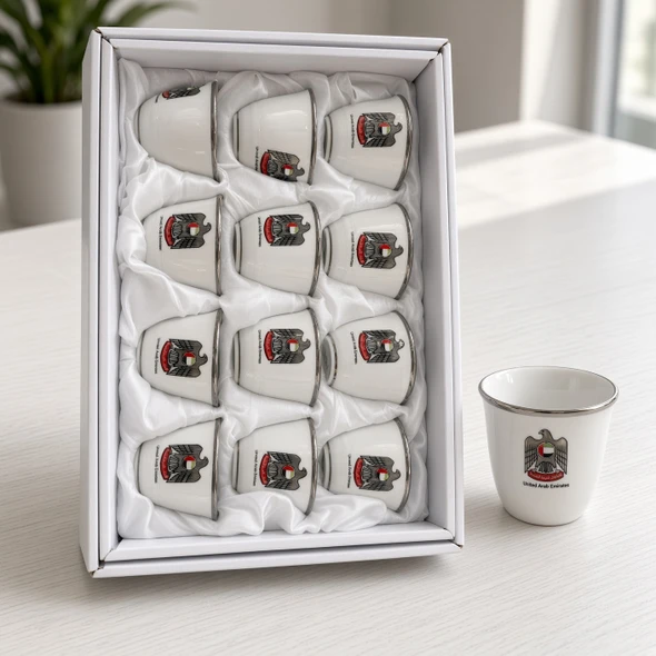 An exclusive Craftihouse 12-piece UAE coat of arms Arabic coffee cup set designed for corporate gifting, National Day celebrations, and traditional Emirati hospitality.