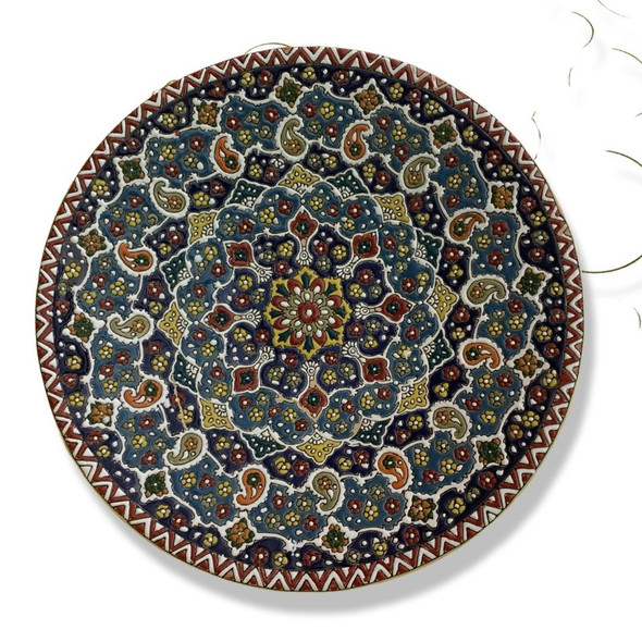 A monumental 40 cm handmade clay plate featuring vibrant hand-painted patterns and a high-gloss protective glaze for wall decor.