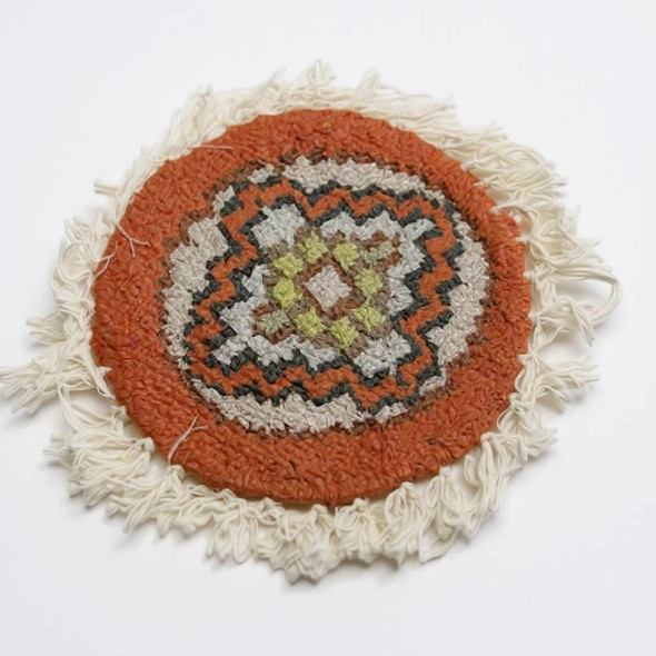 round 10 cm handmade carpet tea coasters featuring various colorful oriental rug patterns.