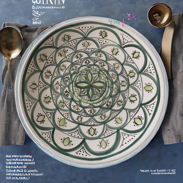 Detailed shot showcasing the vibrant colors and artistic craftsmanship of our handcrafted Marrakesh dinner plate.