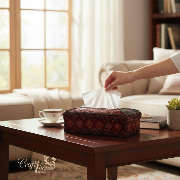A premium 26x13x8 cm antique-style wooden tissue box titled "The Scholar’s Archive" featuring a dark leather finish and brass accents.