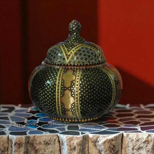 A premium 17 cm handmade Khatamkari and copper candy bowl titled "The Mosaic Chalice" featuring intricate geometric inlay.