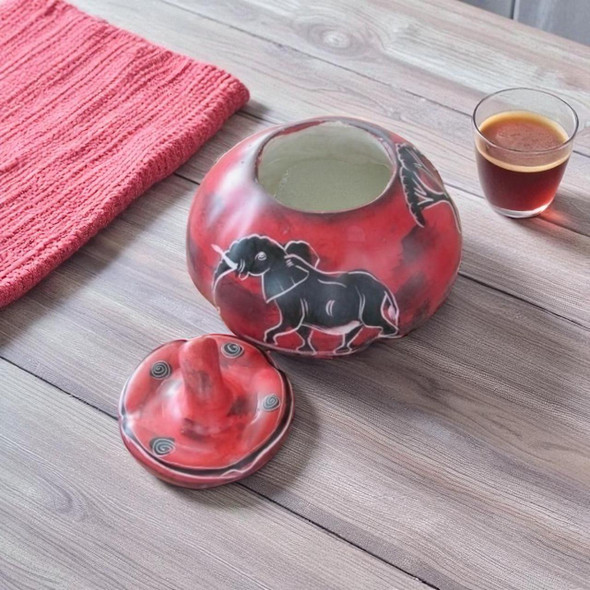Red hand-painted soapstone sugar bowl with lid