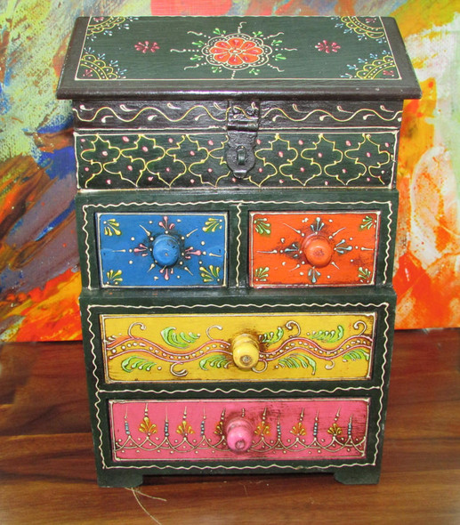 Exclusive Indian Painted 4 Drawer Chest Assorted Pattern Wooden Hand Painted Jewelry Bedroom Decor | Elegant Handcrafted Storage Box | Vip Corporate Gift Fine Craftsmanship Detail