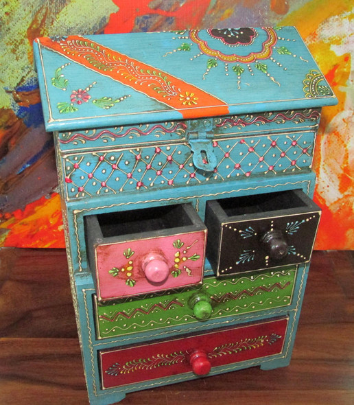 Luxury Indian Painted 4 Drawer Chest Assorted Pattern Wooden Storage Kitchen Decor | Traditional Keepsake Jewelry Box | Cultural Artisan Design Premium Design Showcase