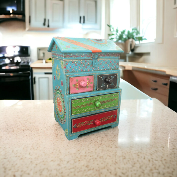 Indian Painted 4 Drawer Chest Assorted Pattern Wooden Storage Kitchen Decor | Traditional Keepsake Jewelry Box | Cultural Artisan Design - Luxury Handcrafted Art Craftihouse Dubai