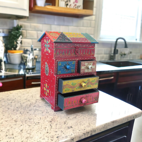 Indian Painted 4 Drawer Chest Assorted Color And Pattern Kitchen Decor Storage Box | Premium Wooden & Ceramic Organizer | Luxury Souvenir - Luxury Handcrafted Art Craftihouse Dubai