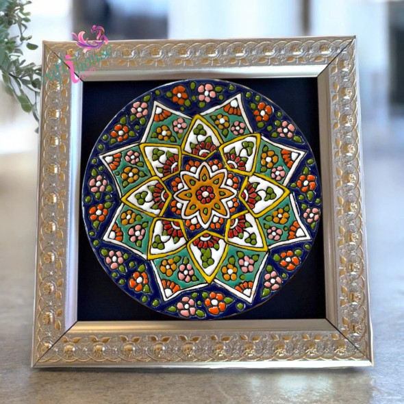 A luxury framed hand-painted clay plate with blue enamel patterns, perfect for an executive office gift