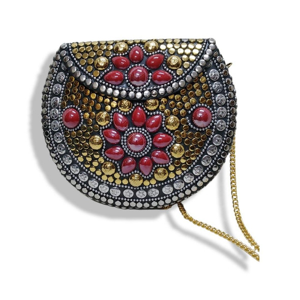 Luxury Vintage brass metal mosaic vintage ethnic clutch bag handbag or purse handicraft artificial coral stone Premium Design Showcase