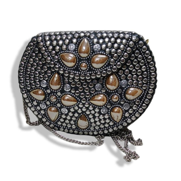 Luxury Red Stone Mosaic Bag  Vintage Hamsa metal clutch purse, brass,  intricate design - BerberBazar