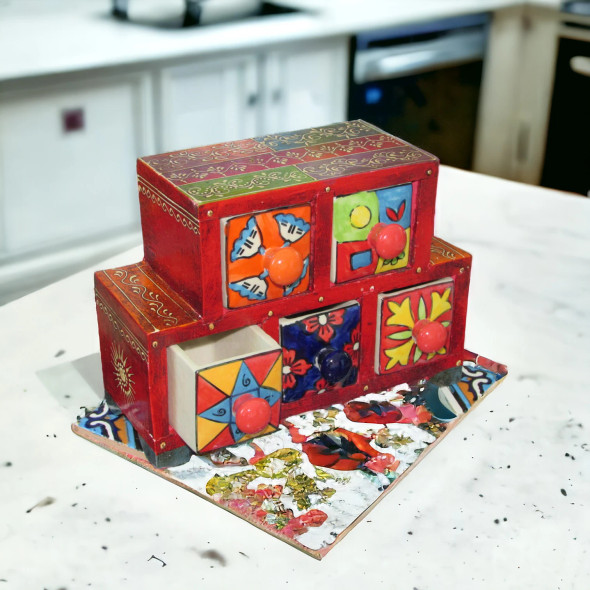 Hand-painted Indian 5 Drawer Chest - Assorted Pattern Shelf - Kitchen | Luxury Heritage Decor & Unique Artisan Piece - Luxury Handcrafted Art Craftihouse Dubai