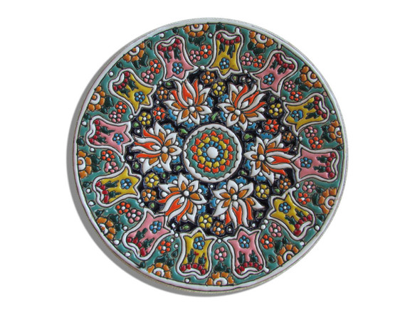 A 15 cm handmade clay plate featuring vibrant 3D embossed floral patterns and a glossy finish for wall hanging or serving.