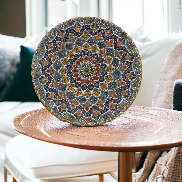 A premium 30 cm handmade clay plate featuring intricate Islamic calligraphy surrounded by a vibrant, multi-colored floral mosaic for wall decor.