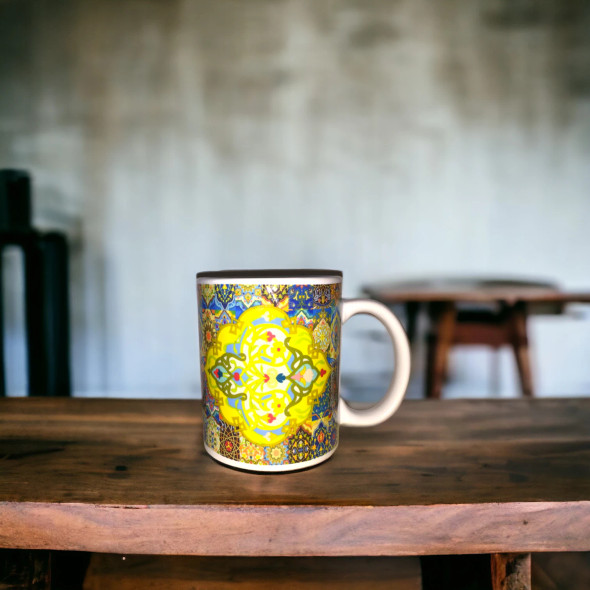 A premium ceramic mug titled "The Mosaic Sip" featuring an intricate blue and white geometric tile pattern print.