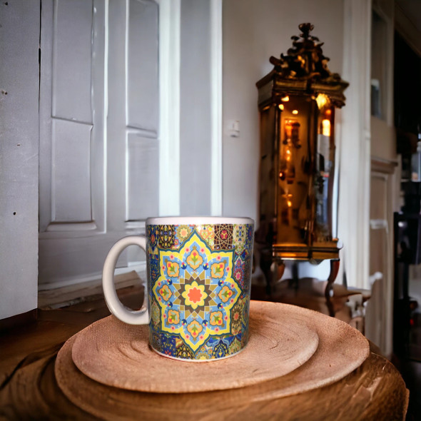 A premium customized ceramic mug titled "The Patterned Portfolio" featuring an intricate geometric tile pattern and a central space for personalization.