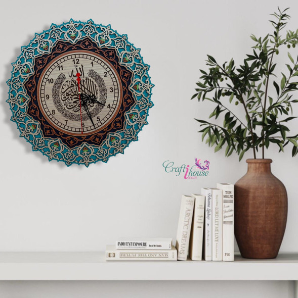 Detailed close-up of the polished natural wood grain and precision craftsmanship of the clock face