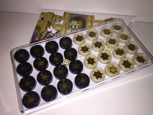 Set of backgammon chips and dices