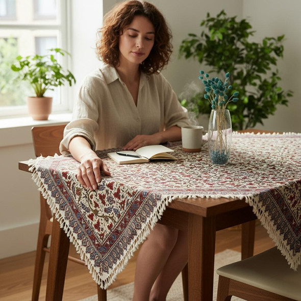 An elegant dining table setting featuring an authentic Isfahan Ghalamkari spread as the foundation